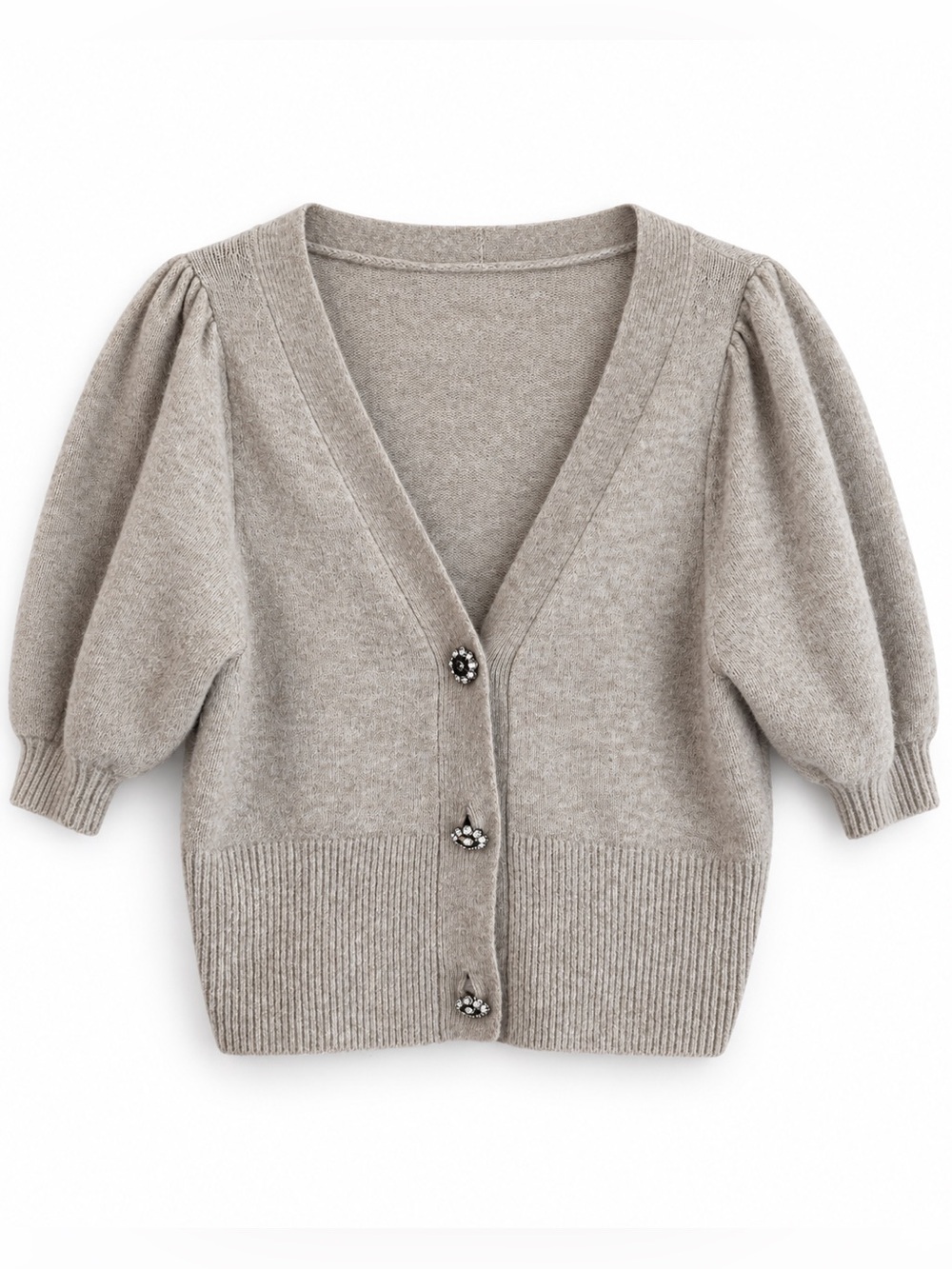 H&M Taupe Puff Sleeve Jeweled Button Cardigan